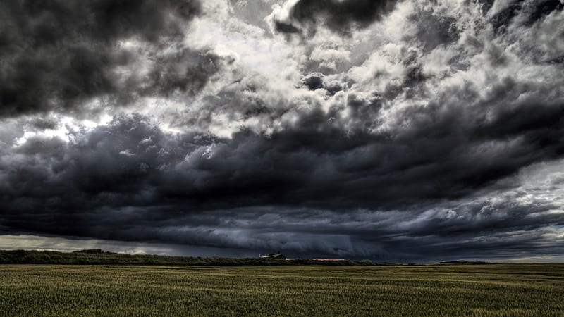 storm clouds over fields, fields, house, storm, clouds, HD wallpaper