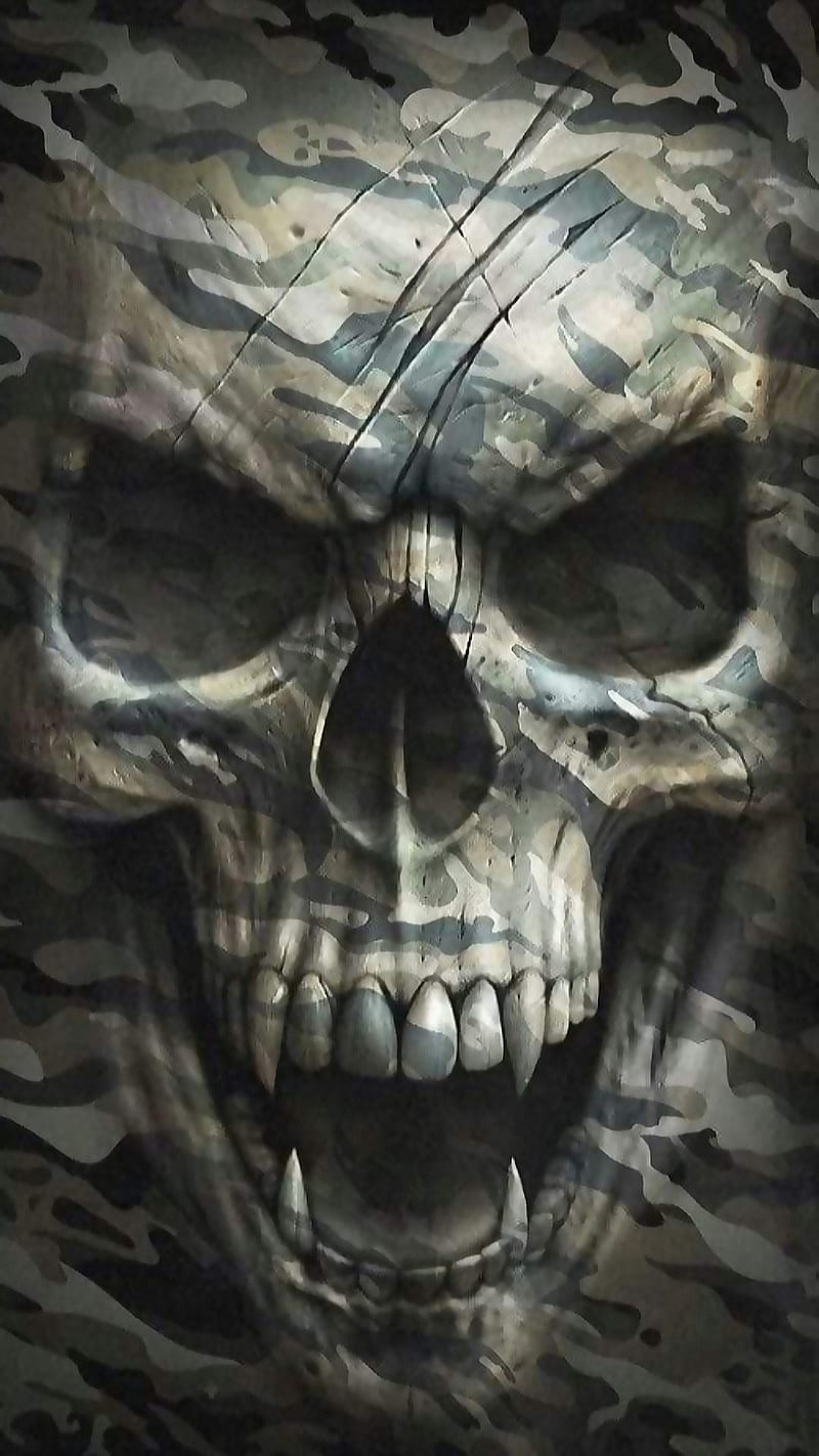 Camo skull, angry, camo, face human, scary, skull, teeth, HD phone wallpaper
