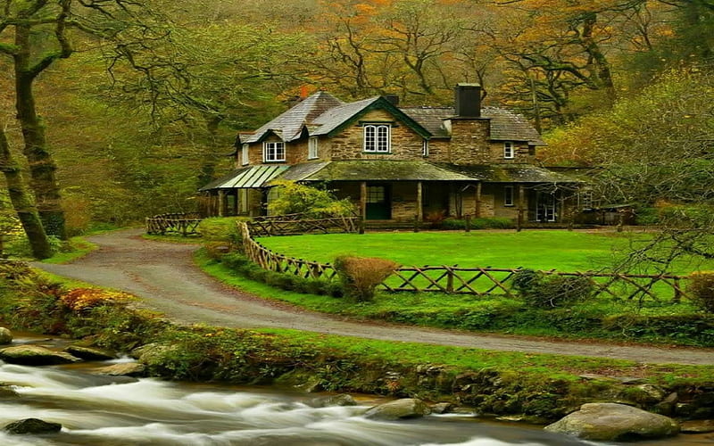 country cottage, life, cottage, river, country, trees, HD wallpaper