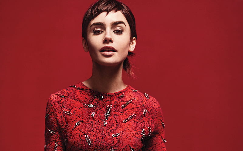 Lily Collins Hollywood star, American actress, fashion model, red dress, make-up, beautiful woman, HD wallpaper