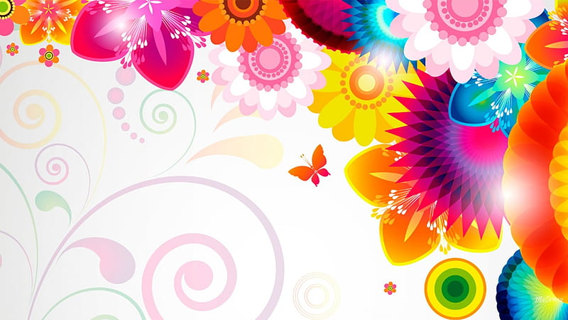 Bright So Bright, bright, flowers, swirls, butterflies, abstract, vector, HD wallpaper
