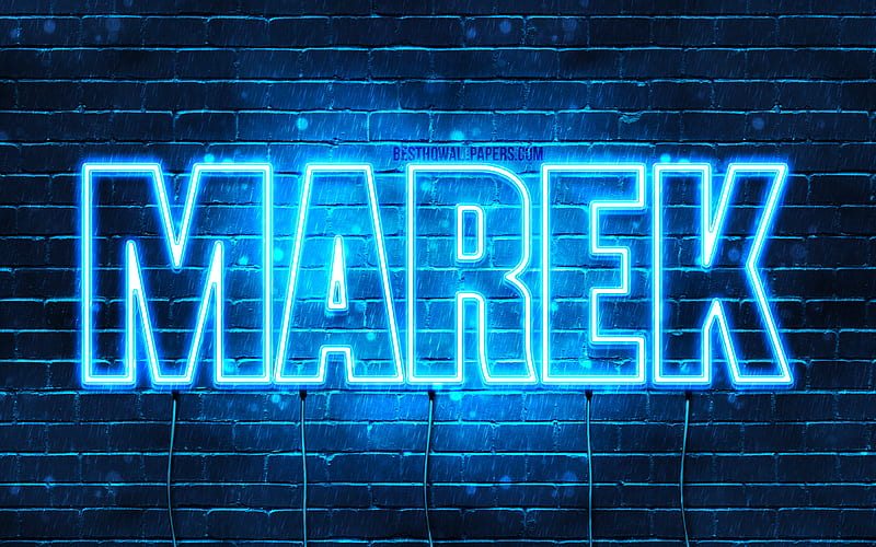 Marek with names, Marek name, blue neon lights, Happy Birtay Marek, popular polish male names, with Marek name, HD wallpaper