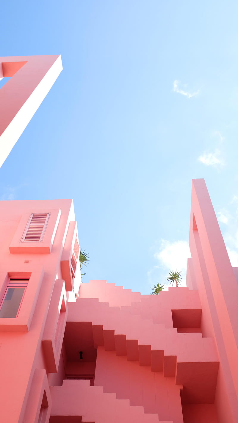pink, building, house, palm trees, sky, HD phone wallpaper