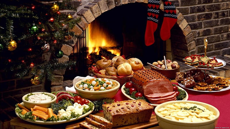 Christmas Feast, Cake, Bread, Nuts, Feast, Cookies, Christmas, Fire, Stocks, Ham, Fire Place, HD wallpaper