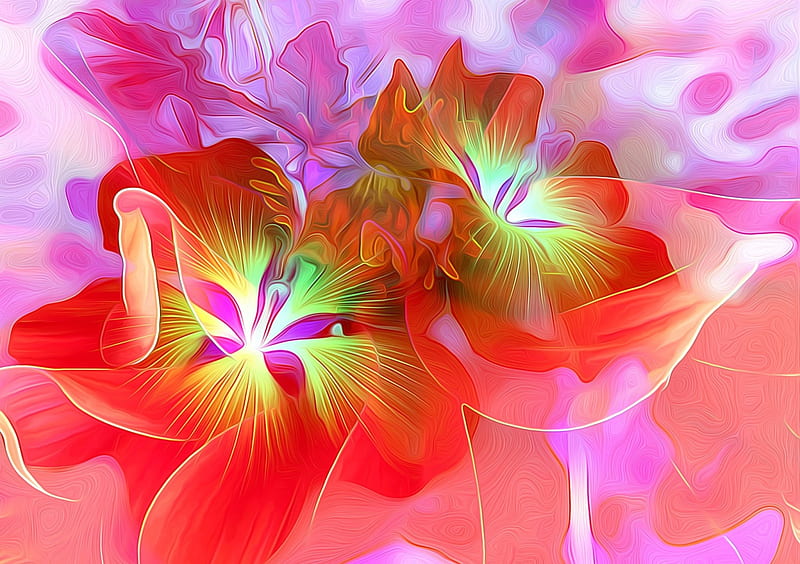 Flowers, red, art, texture, painting, flower, pictura, pink, HD wallpaper