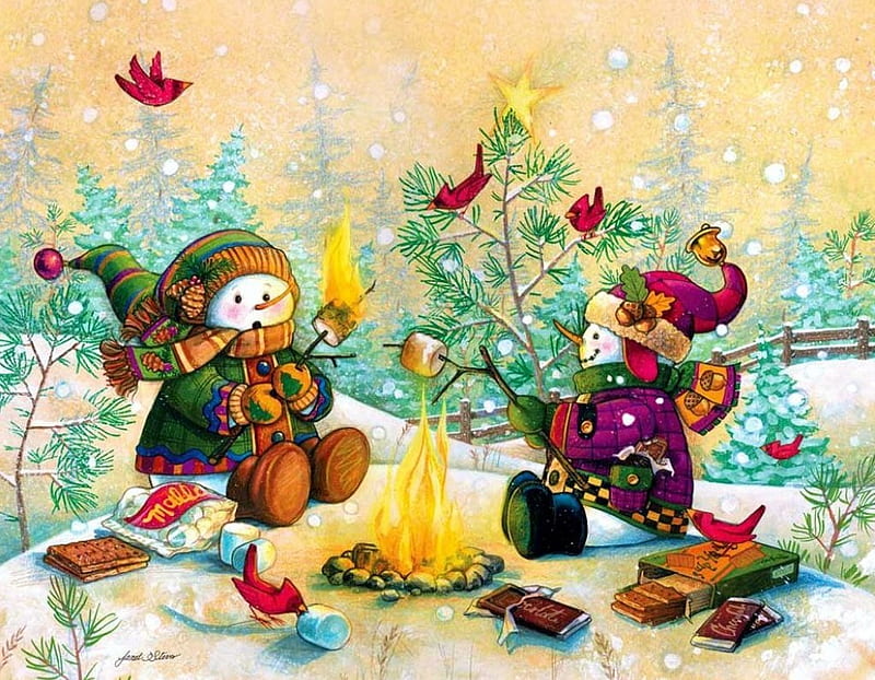 Little Snowmen, food, snow, painting, birds, campfire, artwork, winter, HD wallpaper