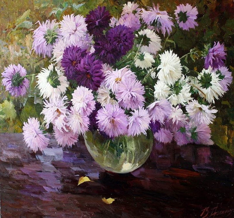 B. Dovbenko. Asters in the rain, art, still life, b dovbenko, purple, painting, flower, HD wallpaper