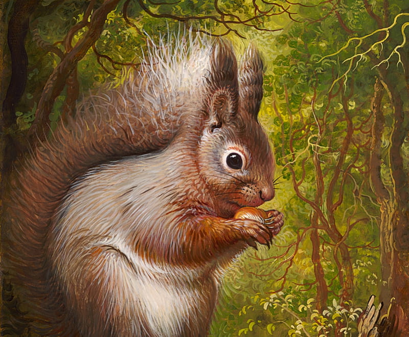 Squirrel, veverita, yana movchan, painting, nut, pictura, animal, forest, art, green, HD wallpaper