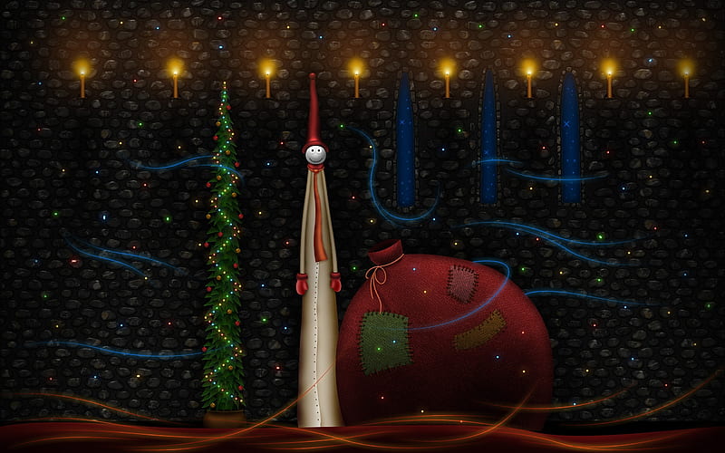 Merry Christmas!, red, luminos, craciun, christmas, elf, lights, tree, ball, fantasy, HD wallpaper