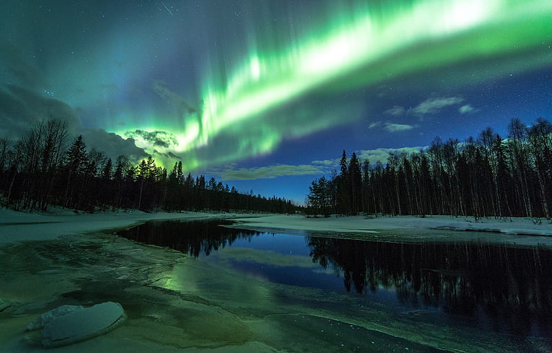 Earth, Aurora Borealis, Forest, Nature, River, Sky, Stars, Winter, HD wallpaper