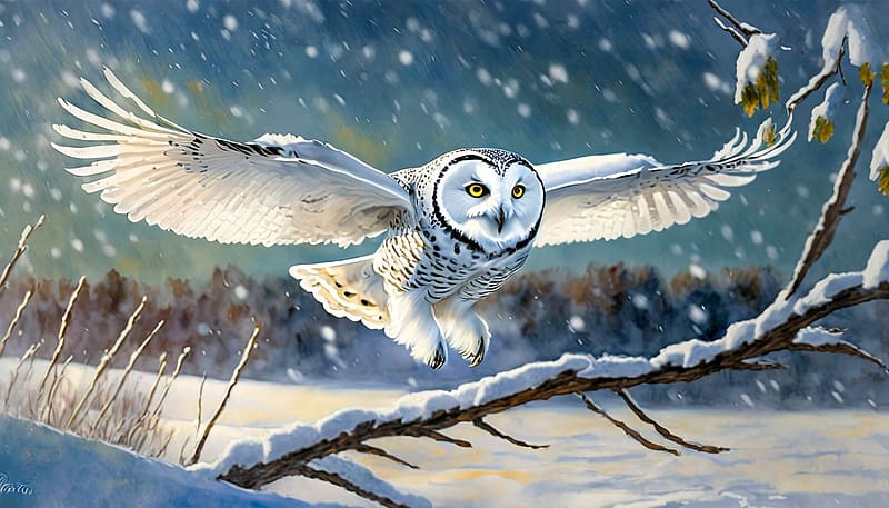An owl flies over the winter landscape, allat, bagoly, tollazat, bagoly repul, portre, faag, taj, madar, festeszet, feher, havas, ho, HD wallpaper