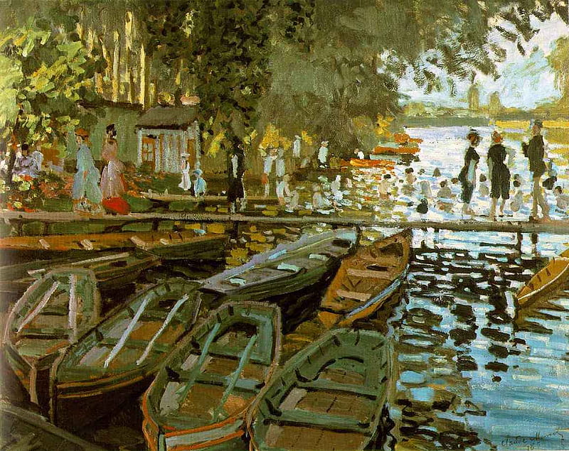 Monet Swimmers, monet, boats, river, swimmers, HD wallpaper