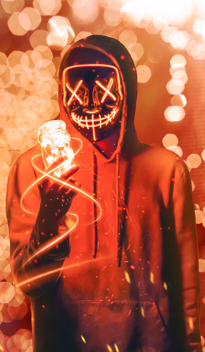 Neon Mask Man , blur, city, light, night, orange, red, spark, street, HD phone wallpaper