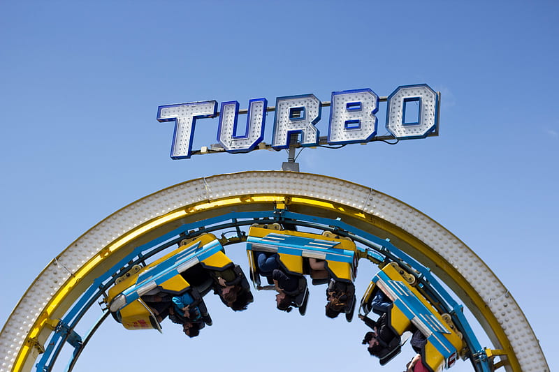 person riding on yellow and blue Turbo roller coaster, HD wallpaper