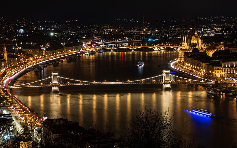 Budapest, Szechenyi Chain Bridge, River Danube, night, landmark, Budapest cityscape, Hungary, Chain Bridge, HD wallpaper