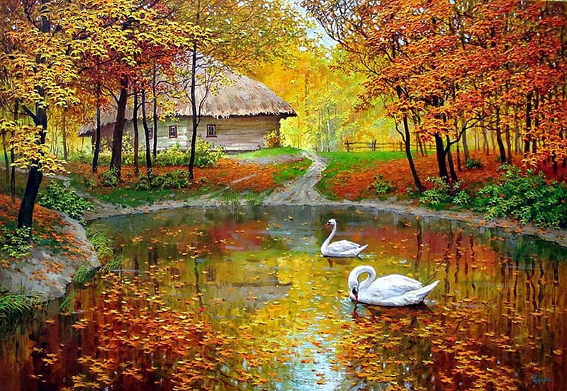 By O.Scherbakov (oil on canvas), pond, art, autumn, tree, oil, o scherbakov, painting, swan, HD wallpaper