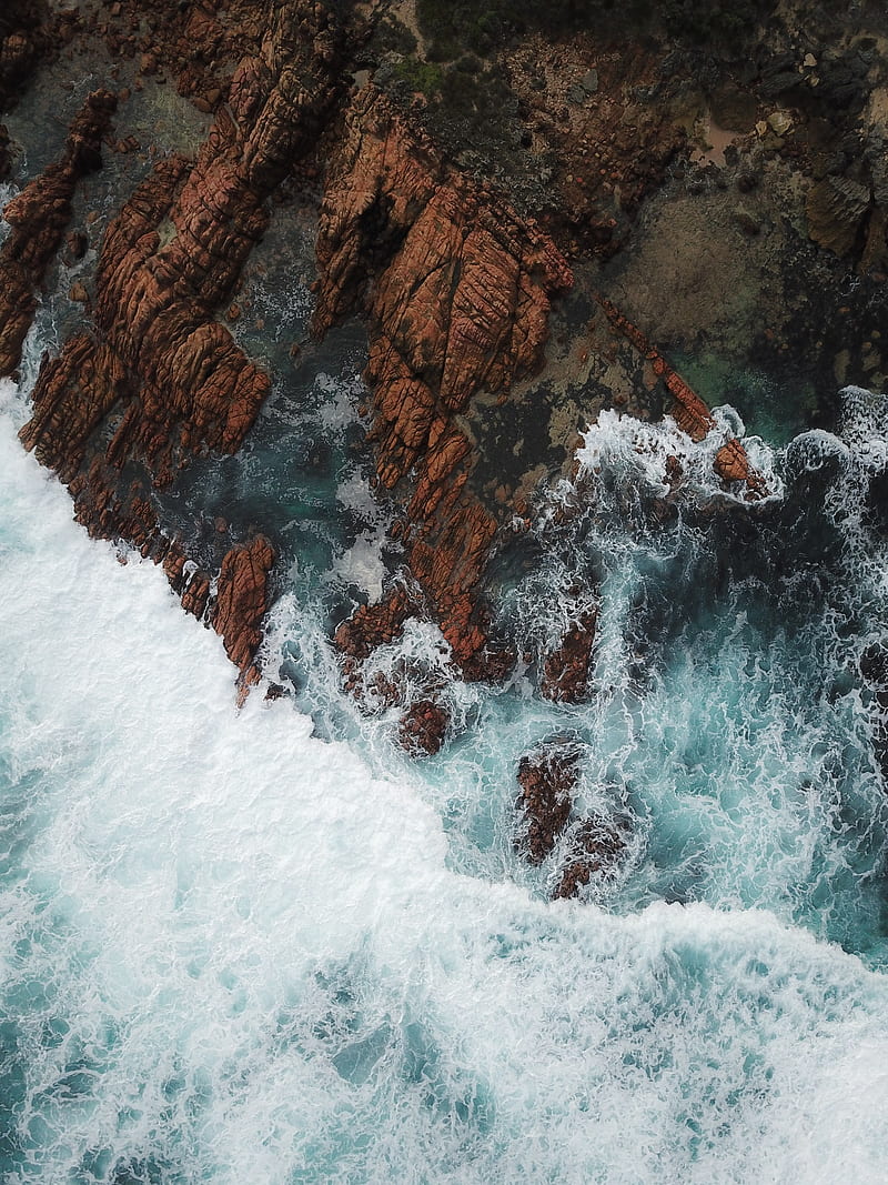 rocks, aerial view, sea, foam, HD phone wallpaper