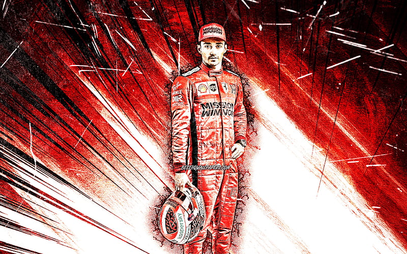 Charles Leclerc, grunge art, Scuderia Ferrari Mission Winnow, monegasque racing drivers, Formula 1, red abstract rays, F1 2021, HD wallpaper
