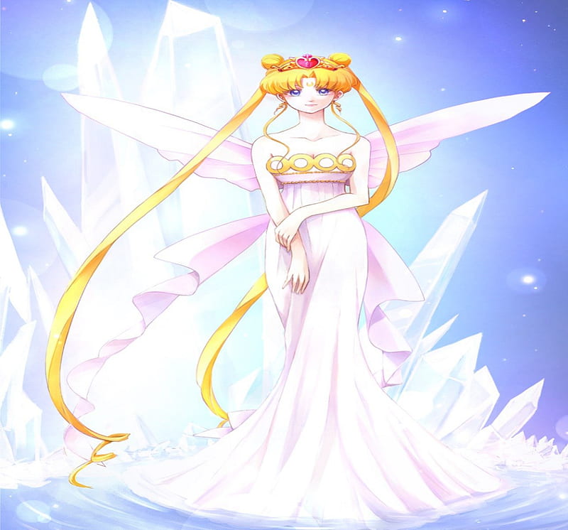 Princess Serenity, red, pretty, dress, glow, bonito, woman, sweet, sparkle, moon, anime, sailor moon, beauty, long hair, pink, blue, female, wings, lovely, blonde, cute, girl, purple, heart, crown, crystal, lady, white, princess, HD wallpaper