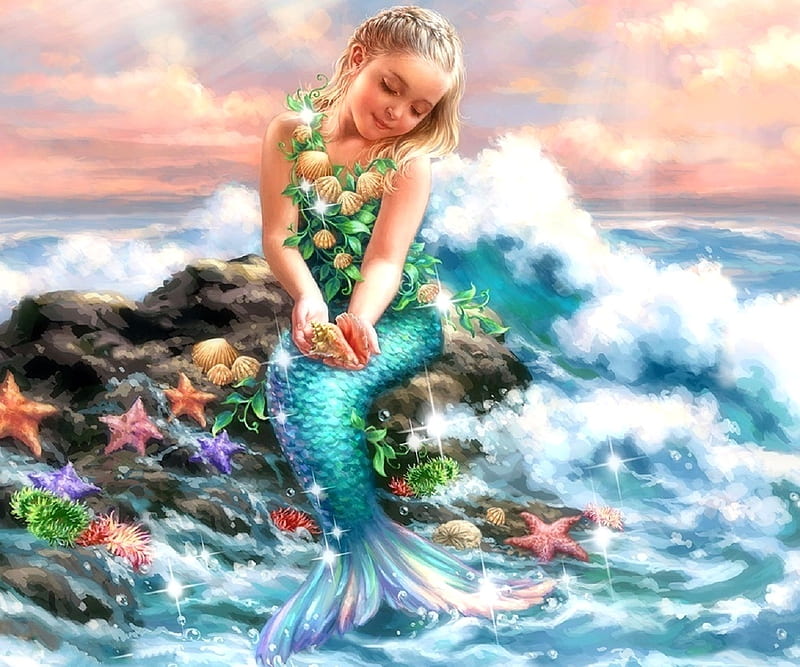 Mermaid Princess, rocks, love four seasons, mermaid, attractions in dreams, waves, starfish, sea, fantasy, paintings, girl, weird things people wear, summer, shells, HD wallpaper