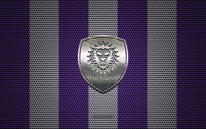 Orlando City SC logo, American soccer club, metal emblem, violet-white metal mesh background, Orlando City SC, NHL, Orlando, Florida, USA, soccer, HD wallpaper