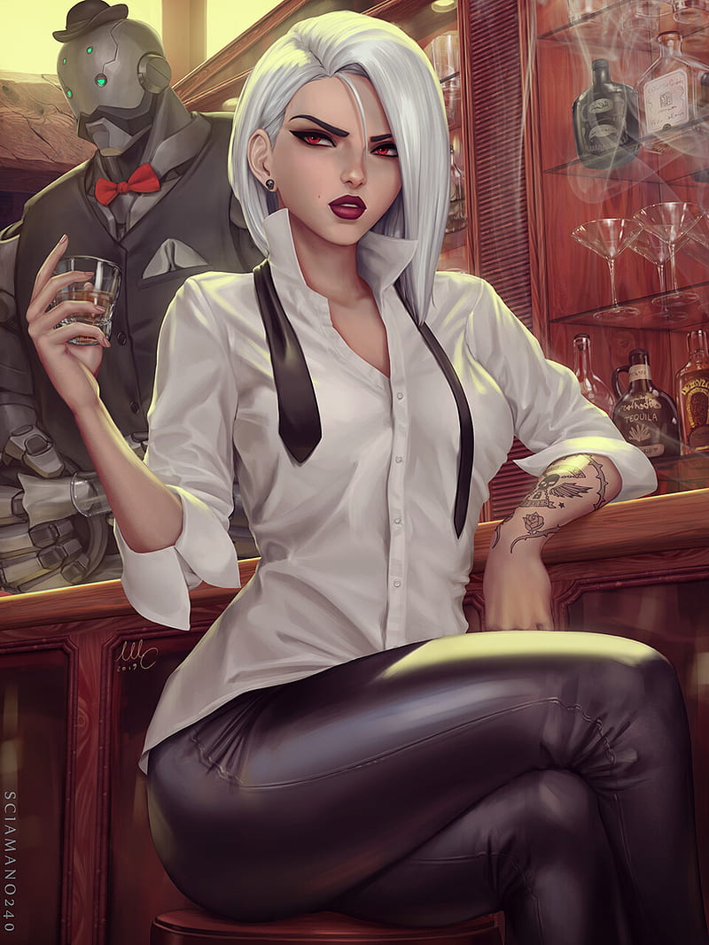 video game girls, video games, PC gaming, red eyes, tie, robot, tattoo, legs crossed, Sciamano240, Mirco Cabbia, Overwatch, Ash (Overwatch), Ashe (Overwatch), HD phone wallpaper
