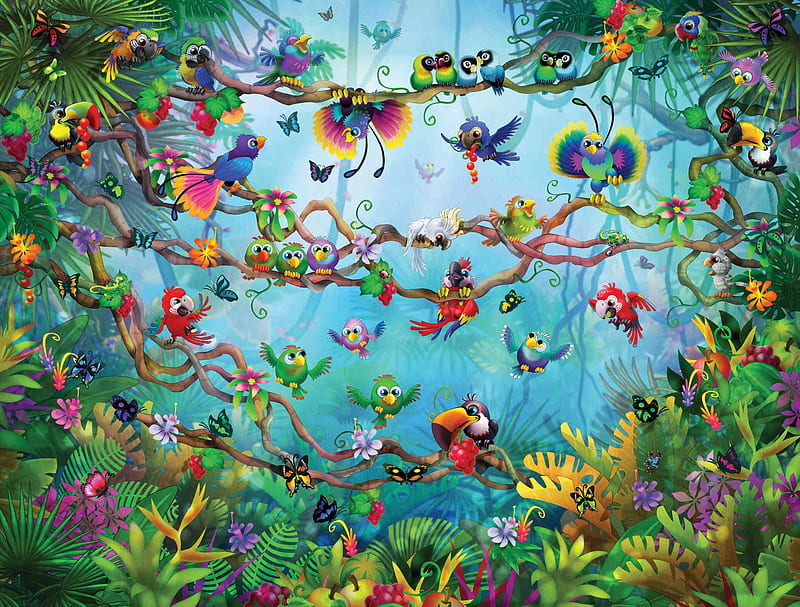 Birds of the Jungle, mural, jungle, birds, childerns, wall, HD wallpaper