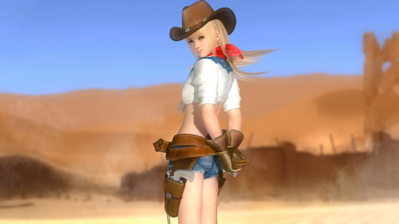 Dead or Alive Cowgirl, desert, handgun, Cowgirl, blonde, bandana, hat, gloves, gun, holster, HD wallpaper