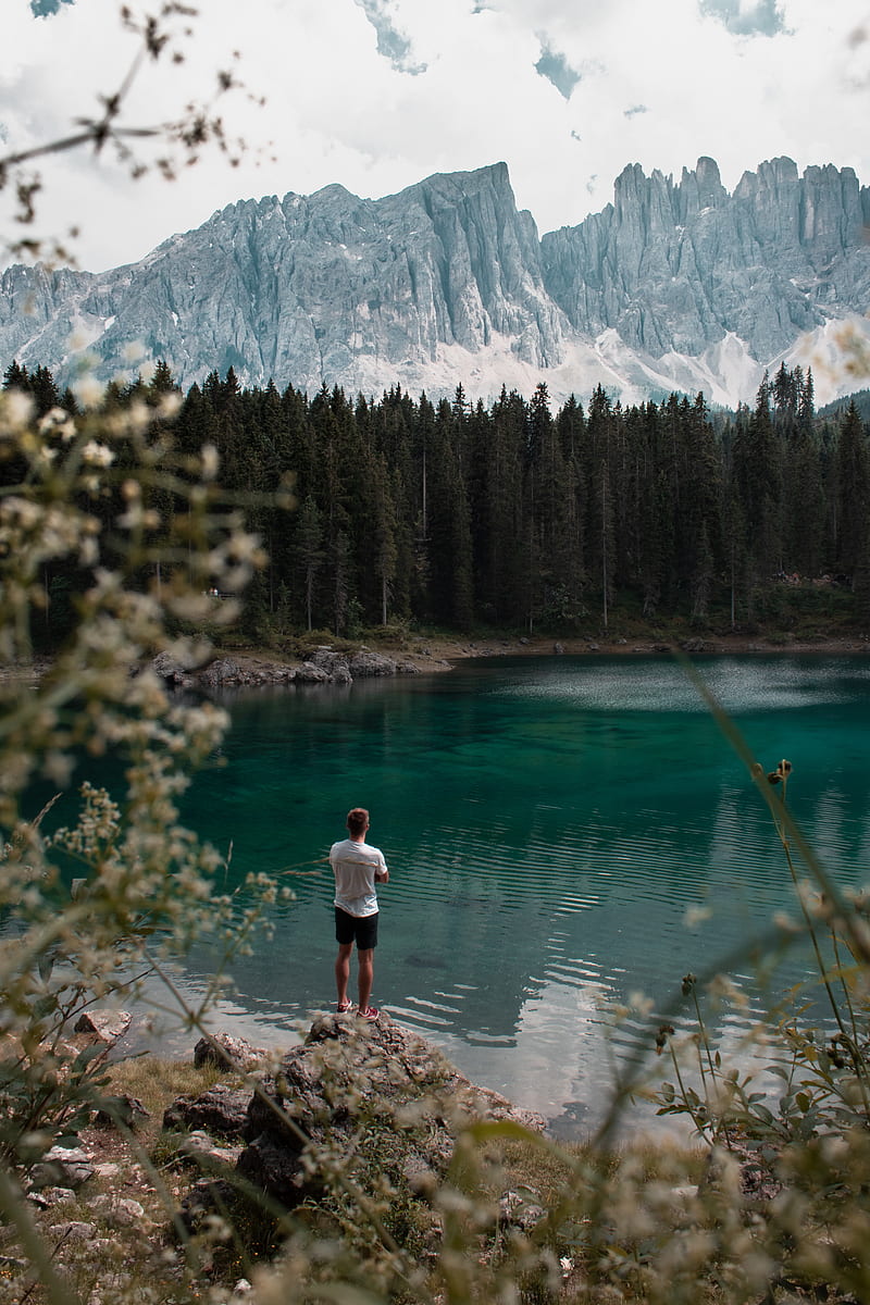 lake, mountains, forest, man, nature, HD phone wallpaper