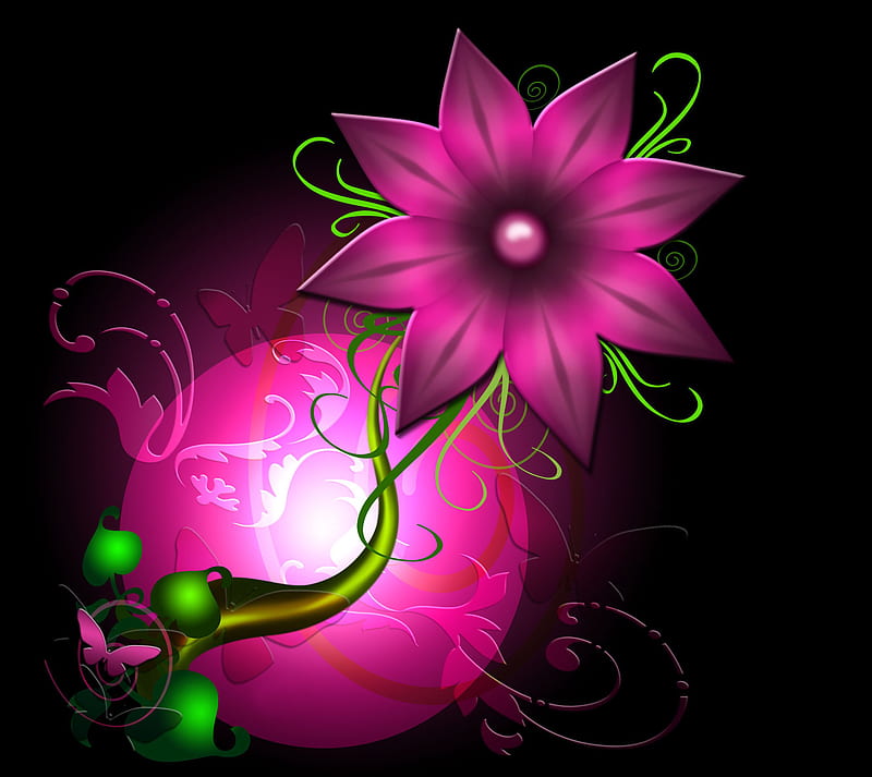 Pink Flower, abstract, blossom, butterfly, digital art, leaf, petal, HD wallpaper