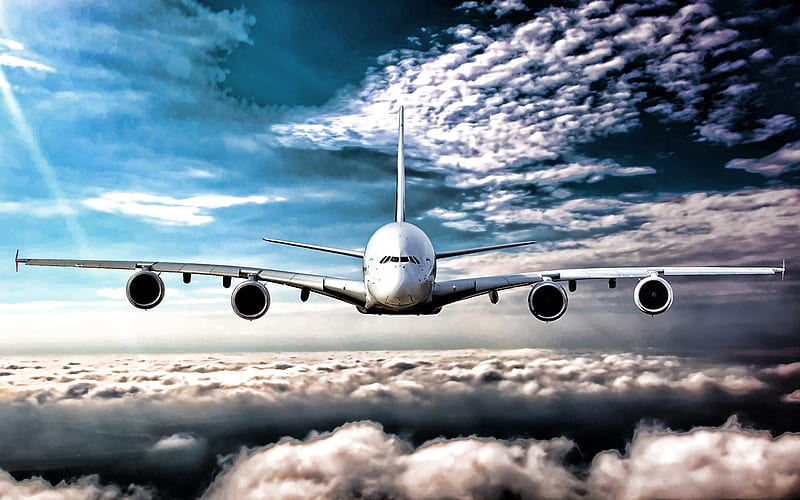 Flying A380, blue sky, clouds, Airbus A380, airliner, passenger planes, Airbus, A380, R, HD wallpaper