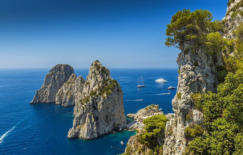 Capri, yacht, view, Italy, summer, sea, rocks, exotic, sky, horizons, blue, HD wallpaper