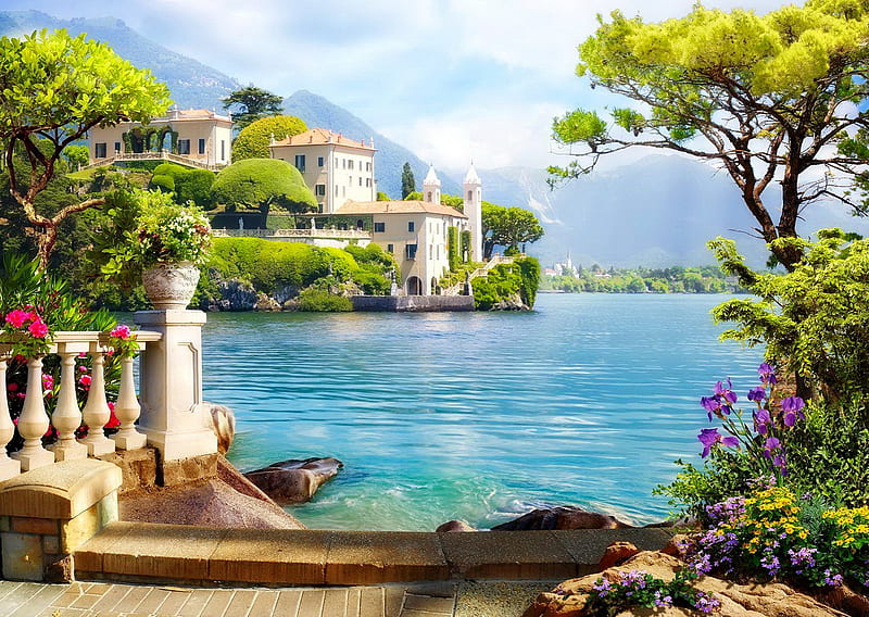 Paradise view, mountain, paradise, view, houses, summer, bonito, lake, coast, HD wallpaper