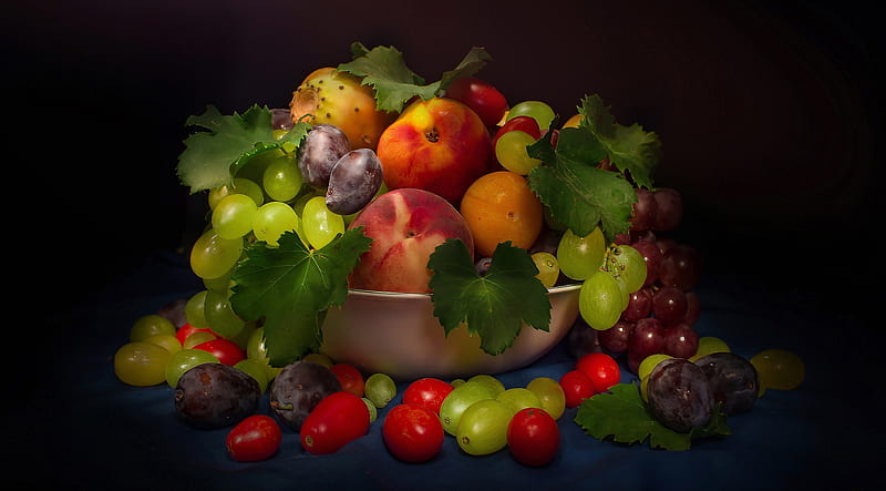 Fruits, grapes, still life, fruit, red, green, tomatoe, peach, leaf, HD wallpaper