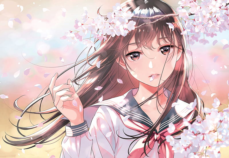 anime school girl, cherry blossom, school uniform, wind, brown hair, petals, Anime, HD wallpaper