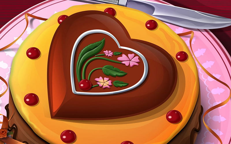 Cake, red, orange, food, chocolate, sweet, dessert, flower, pink, cherry, vector, HD wallpaper