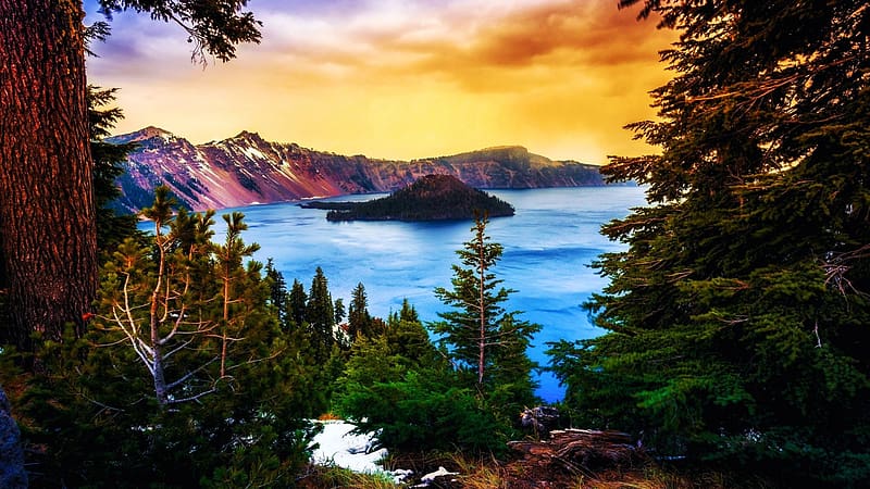 Beautiful Morning at the Crater Lake, Oregon, landscape, trees, colors, clouds, sky, rocks, sunrise, usa, HD wallpaper