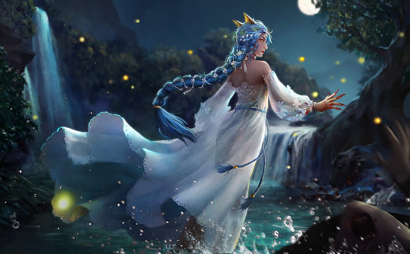 Moonlight, fantasy, water, moon, girl, moon, jing zhou, blue, night ...