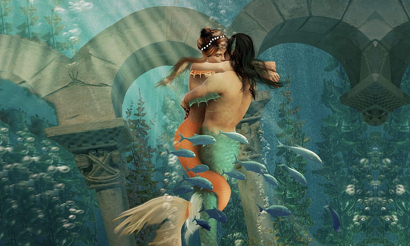 Entwined in Love, enchanting, fantasy, dreamy, Mermaids, love, ocean, mythical, digital art, couple, HD wallpaper
