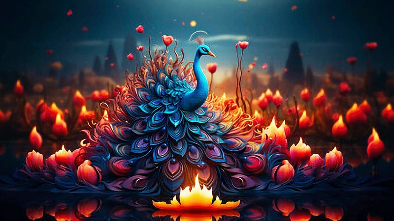 Indian male peacock, colors, digital, art, bird, HD wallpaper