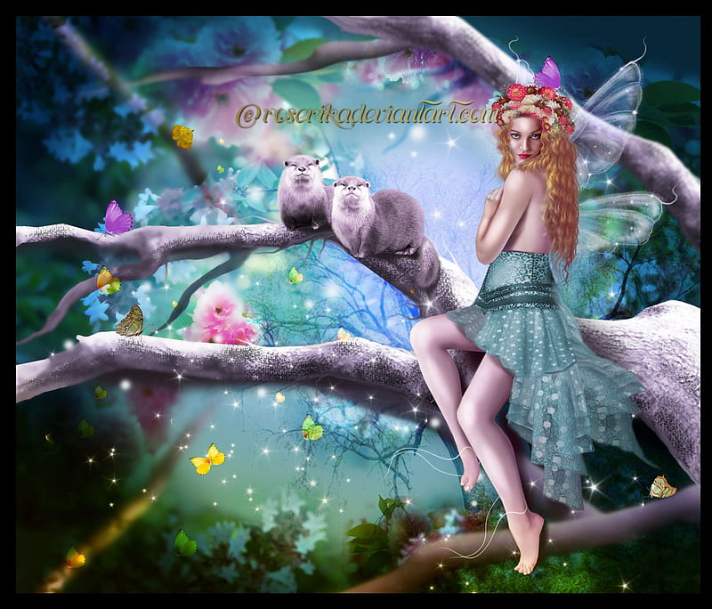 ~Miracle Tree~, pretty, colorful, dress, bonito, digital art, women, hair, fantasy, manipulation, flowers, face, girls, animals, raccoons, female, wings, models, lovely, colors, butterflies, trees, lips, cute, cool, plants, flying, lady, eyes, miracle tree, HD wallpaper