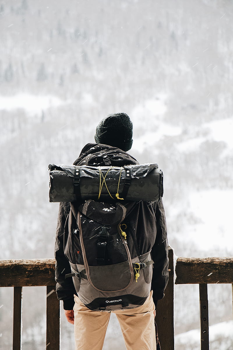 man, tourist, backpack, snow, travel, HD phone wallpaper