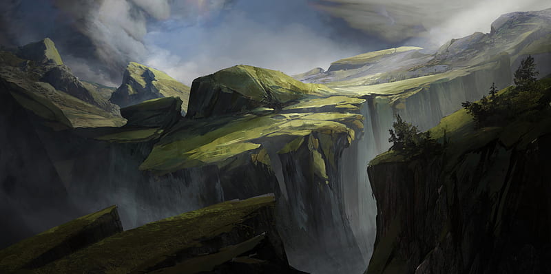 valley, fantasy, rocks, cliff, art, HD wallpaper