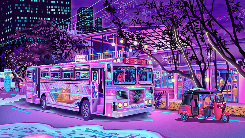 Bus Stop Synthwave, synthwave, artist, artwork, digital-art, HD wallpaper