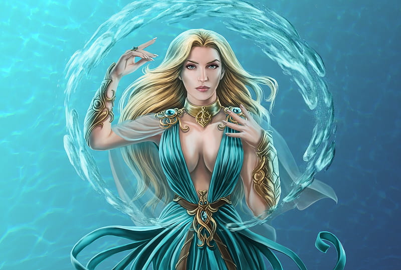 Water Goddess, frumusete, fantasy, water, luminos, girl, goddess, blonde, blue, HD wallpaper