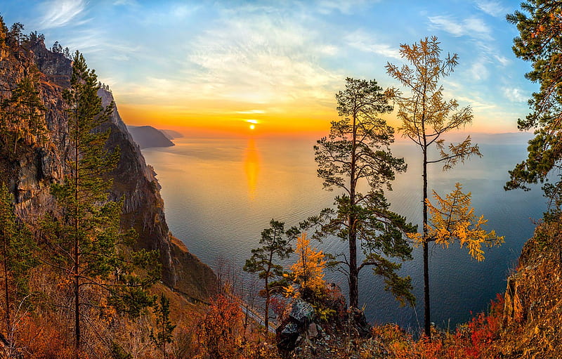 autumn, trees, sunset, rock, lake, view, Russia, Lake Baikal, Siberia, Fedor Lashkov for , section пейзажи, HD wallpaper