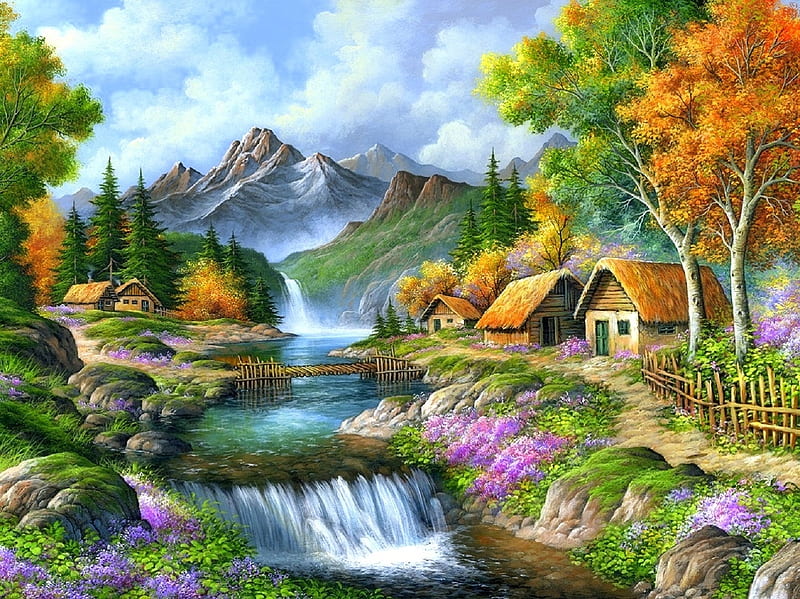 Beautiful Mountain, rural, cottages, love four seasons, attractions in dreams, waterfalls, paintings, paradise, mountains, landscapes, summer, flowers, heaven, nature, scenery, HD wallpaper