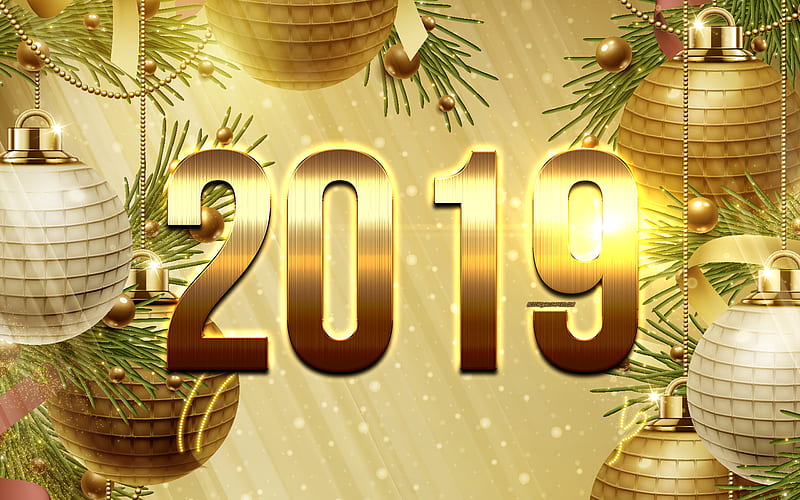 New 2019 Year, golden Christmas background, golden balls, 2019 creative art, golden numbers, 2019 greeting card, 3d gold 2019 inscription, HD wallpaper