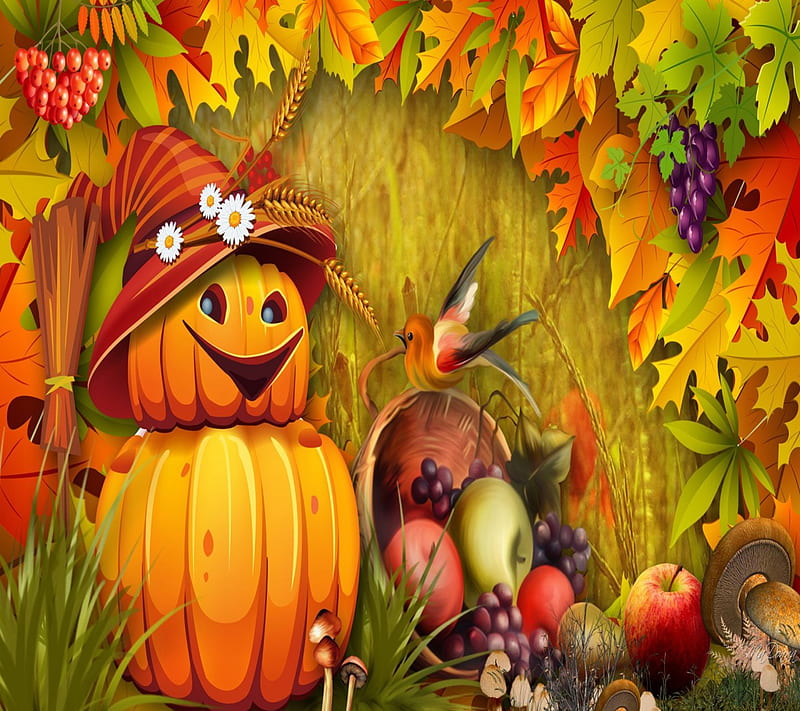 Happy Pumpkin, pretty, orange, halloween, fruits, birds, abstract, happy, leafs, cute, pumpkin, beauty, season, animals, HD wallpaper