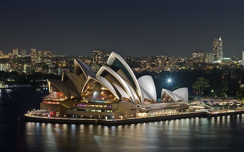 Sydney Opera House, panorama, night, Australia, HD wallpaper